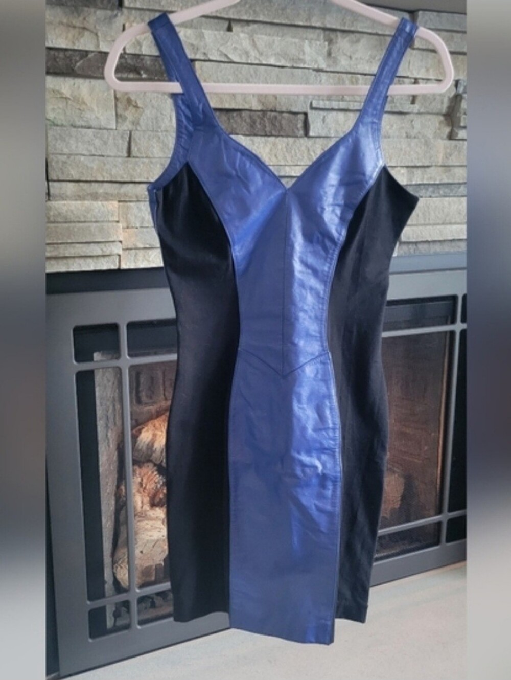 Wilson Blue Leather and Black  Spandex Panel Mini Dress